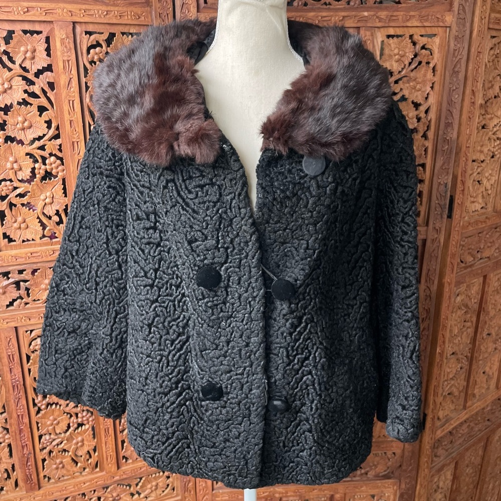 VINTAGE 50s 60s Black Faux Persian Lamb Coat with Genuine Fur Collar
